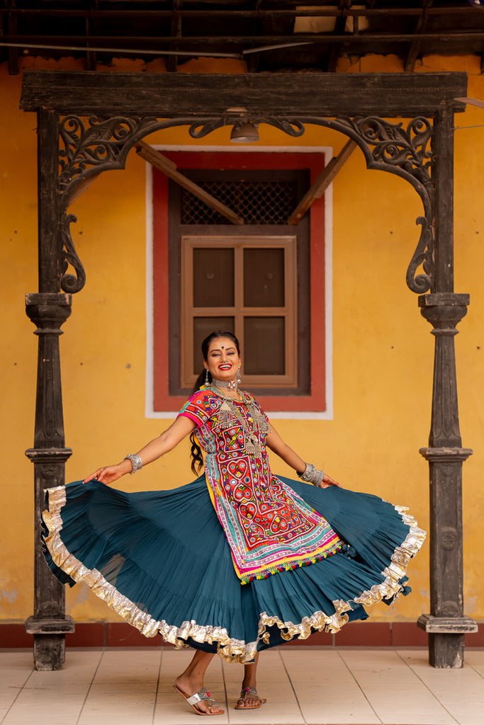 Navratri Dark Teal Flared Skirt - Anjanase