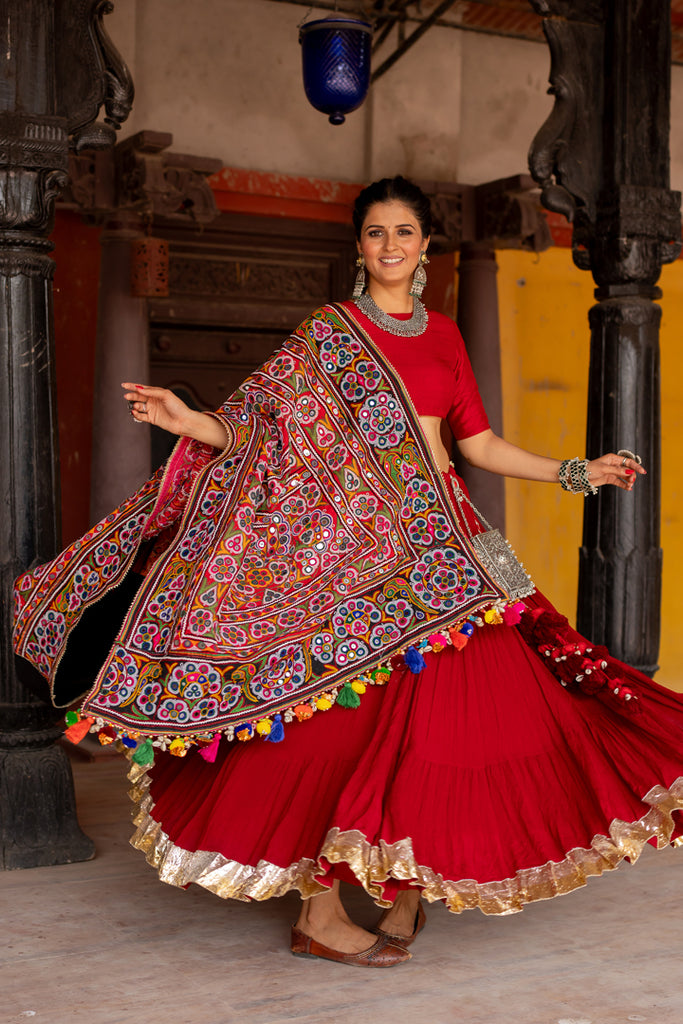 Red & Black Heavy Patch Lehenga Set - Anjanase