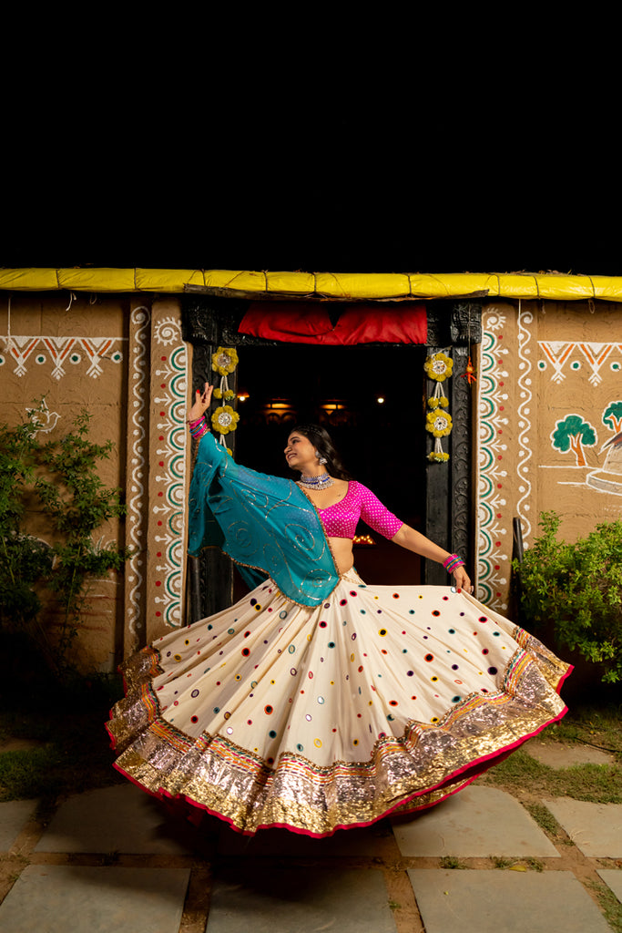 White Multicolour Mirror Lehenga Set