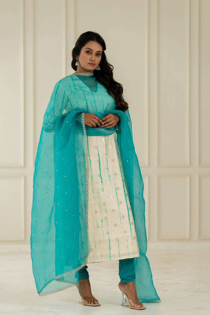 White & Aqua Leheriya Kurta Set