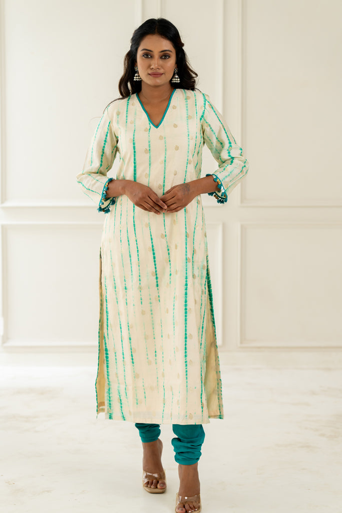 White & Aqua Leheriya Kurta