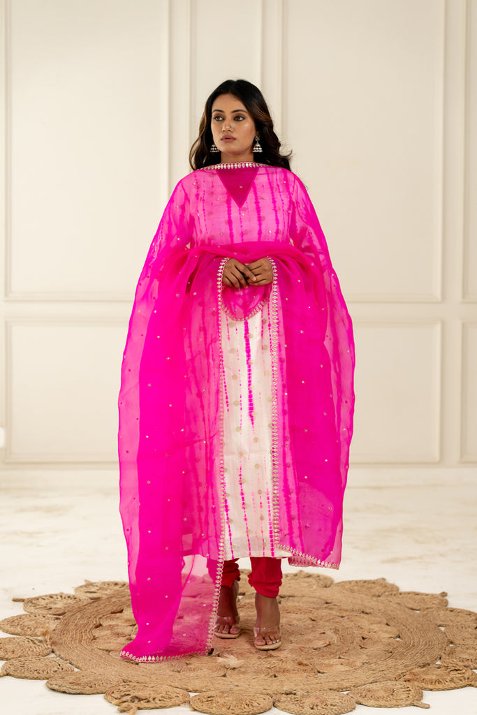 White & Pink Leheriya Kurta Set