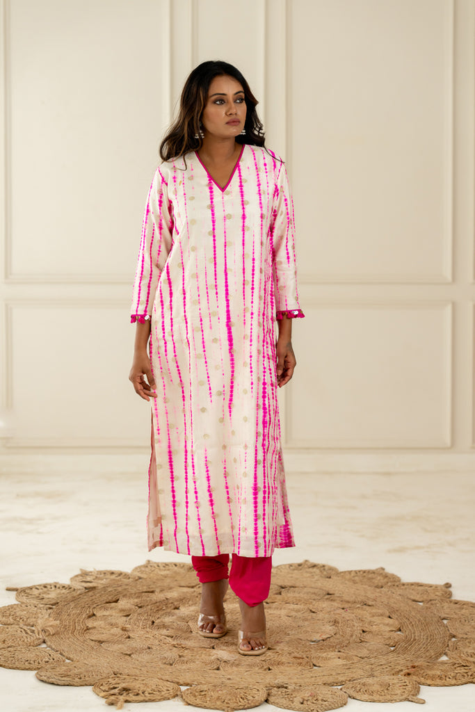 White & Pink Leheriya Kurta