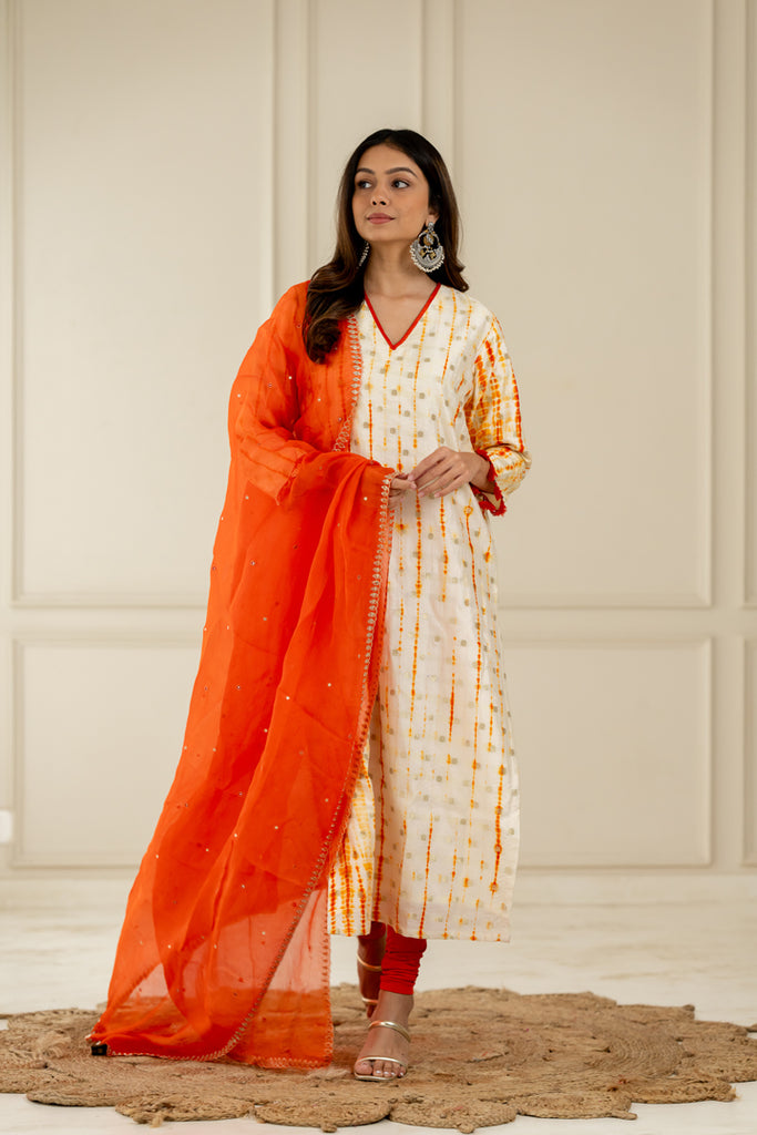 White & Orange Leheriya Kurta set