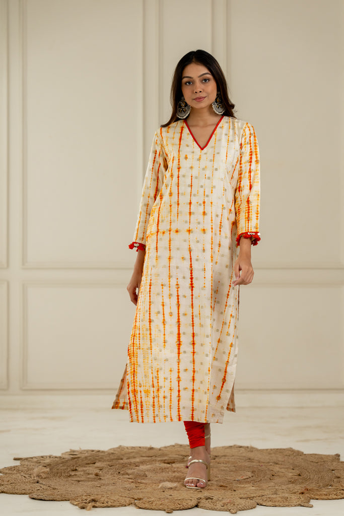 White & Orange Leheriya Kurta