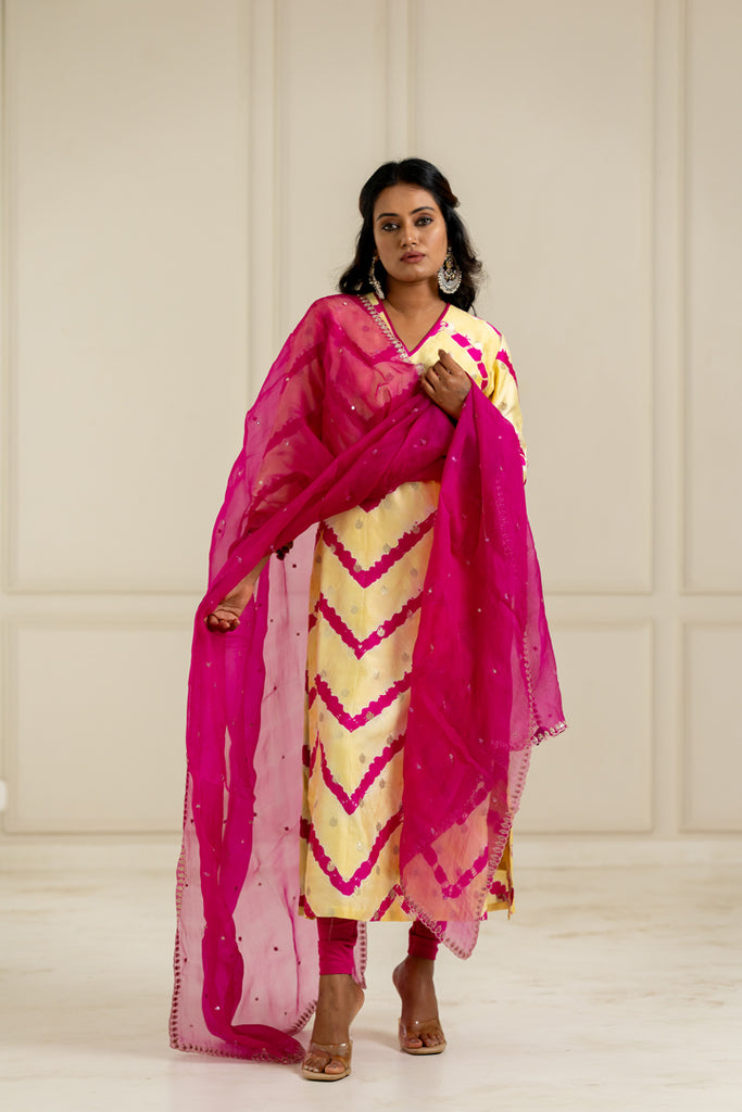 Yellow & Pink Leheriya Kurta Set