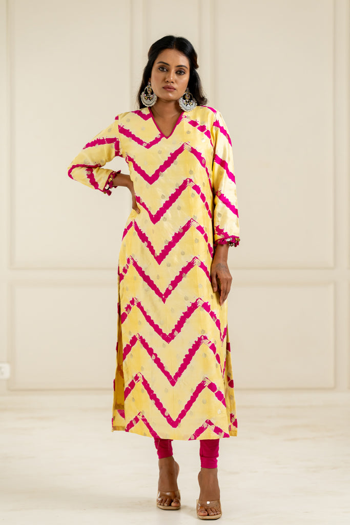 Yellow & Pink Leheriya Kurta