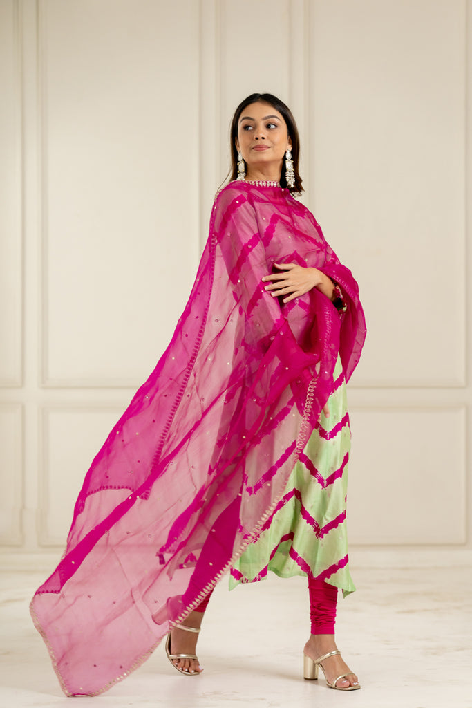 Green & Pink Leheriya Kurta Set