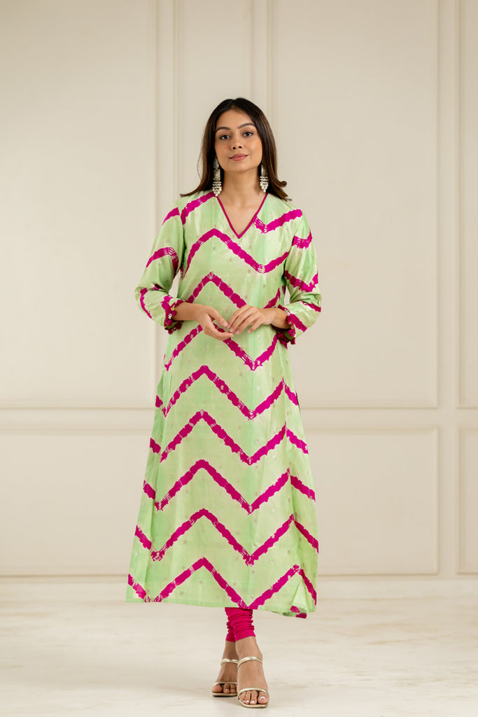 Green & Pink Leheriya Kurta