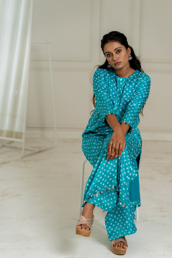 Turquoise Bandhani Coord Set