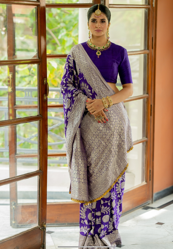 Buy EXCLUSIVE! Handloom Pure Cotton Paithani With Lotus Pallu~ Dark Violet  - Very Much Indian – verymuchindian.com
