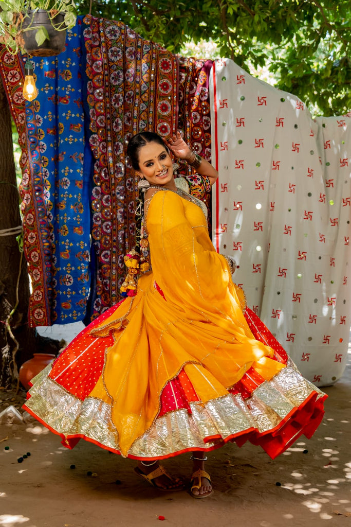 Navratri multicolor lehenga Set Yellow orange red patch blouse white blouse