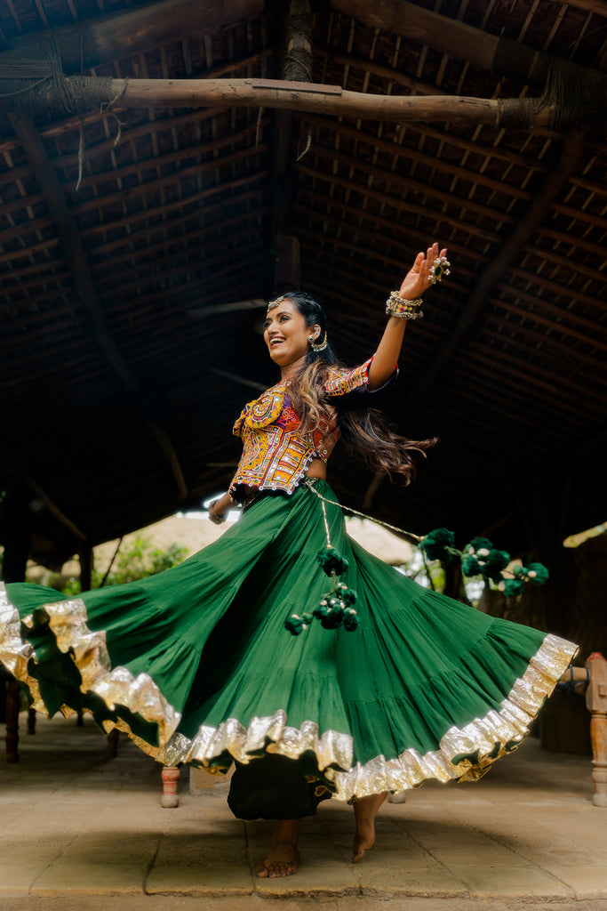 Navratri Bottle Green Flared Skirt - Anjanase