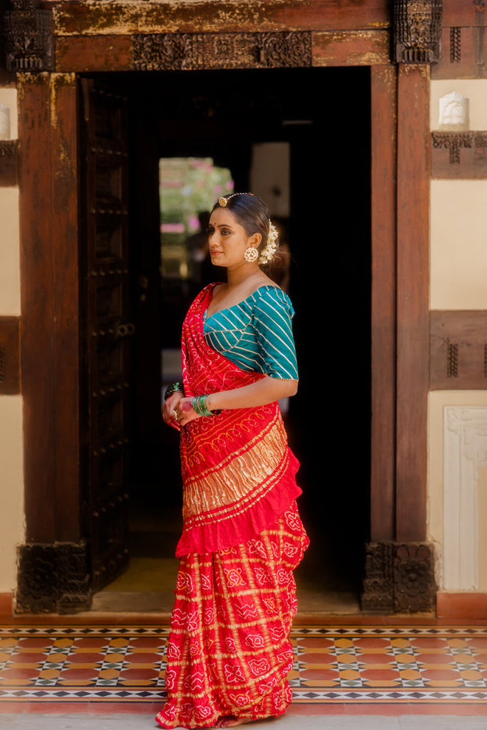 Blue Bandhani Saree with Zari border